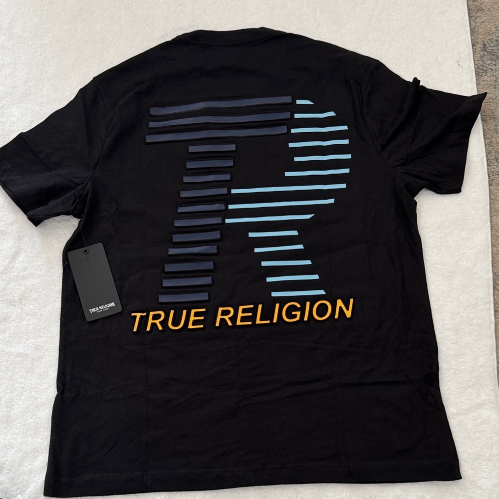 True Religion Black and Blue Striped Logo Tee